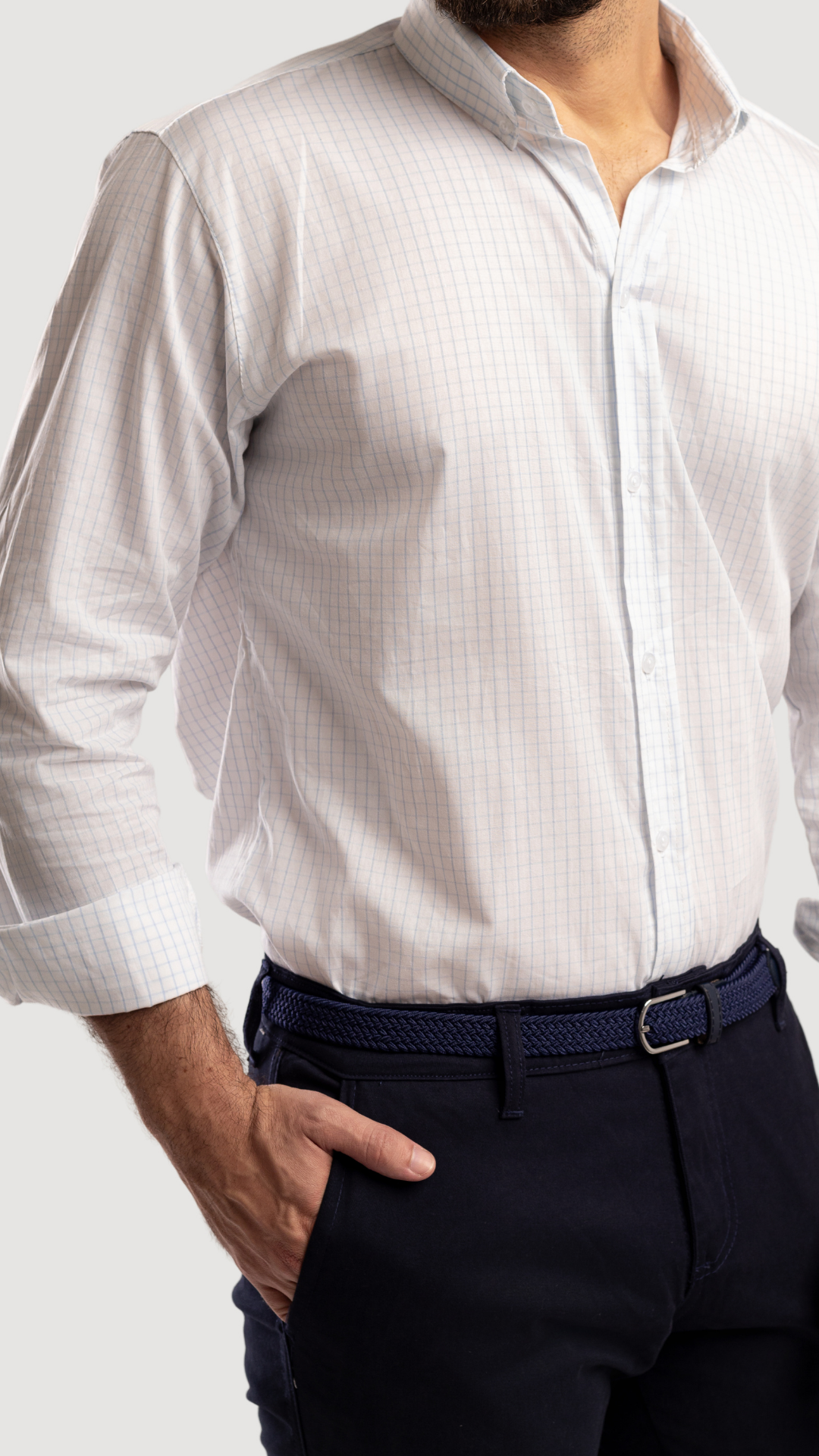 CAMISA BLANCA A CUADRO CELESTE